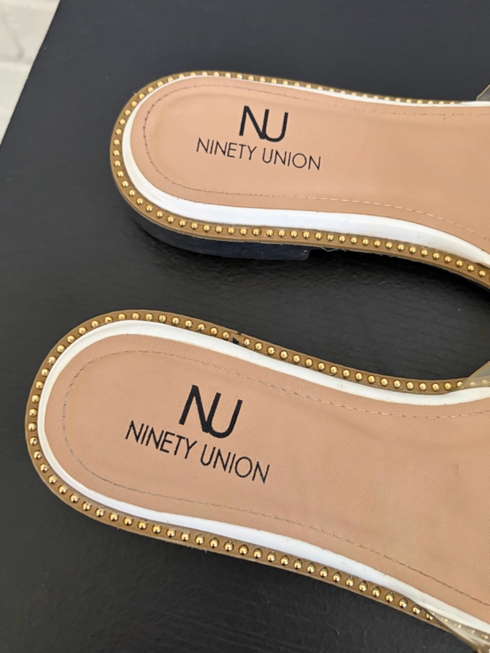 Ninety Union Studded Slides in White & Black w/ Gold Accents, SZ 11 EUC - Picture 7 of 11